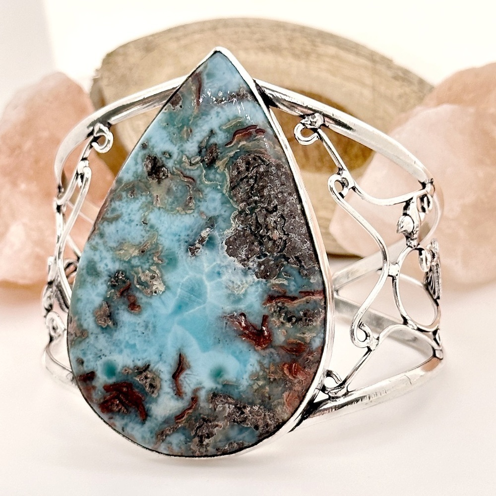 HUGE Larimar Natural Gemstone 925 Silver Adjustable Statement Cuff Bracelet